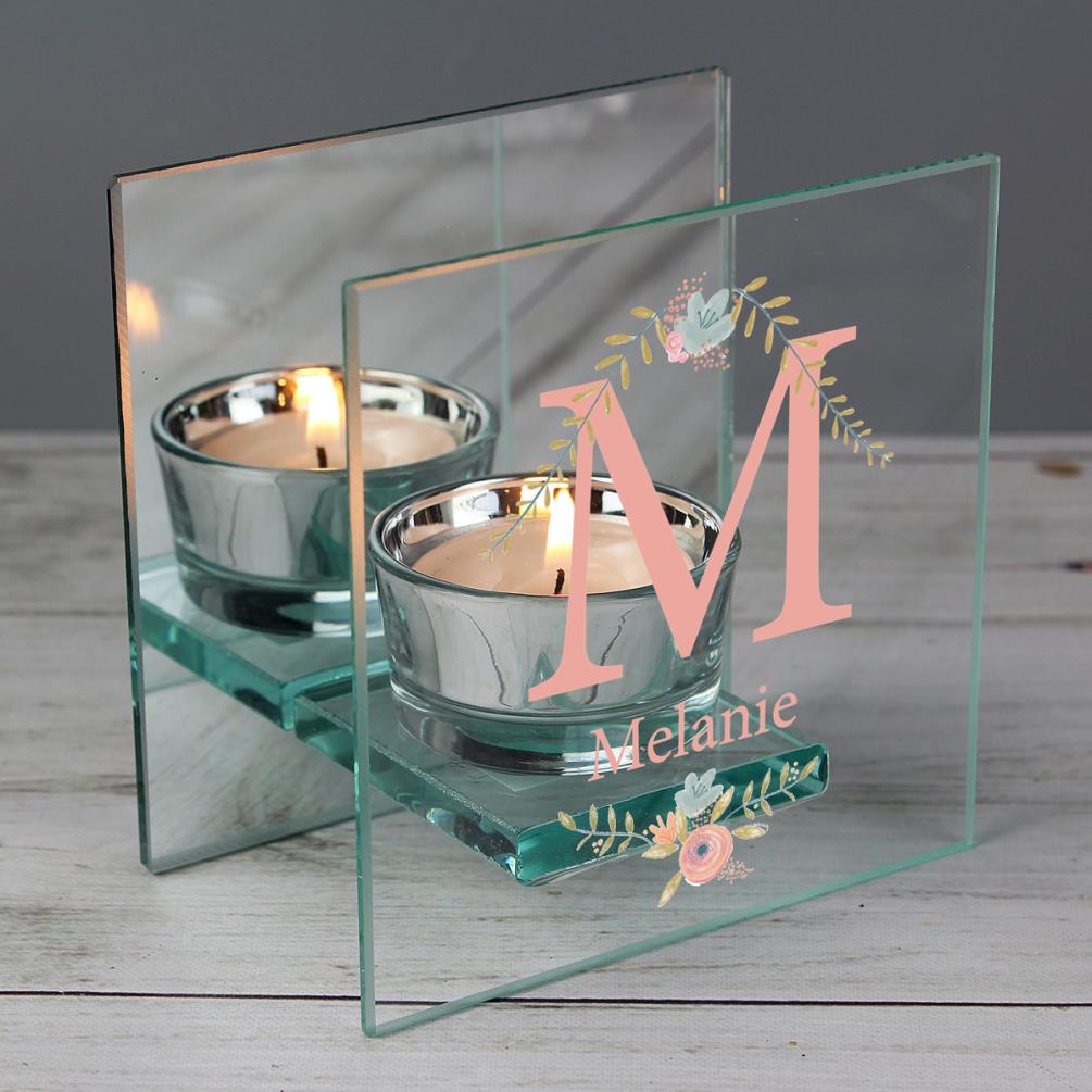 Personalised Floral Bouquet Mirrored Glass Tea Light Candle Holder Extra Image 1
